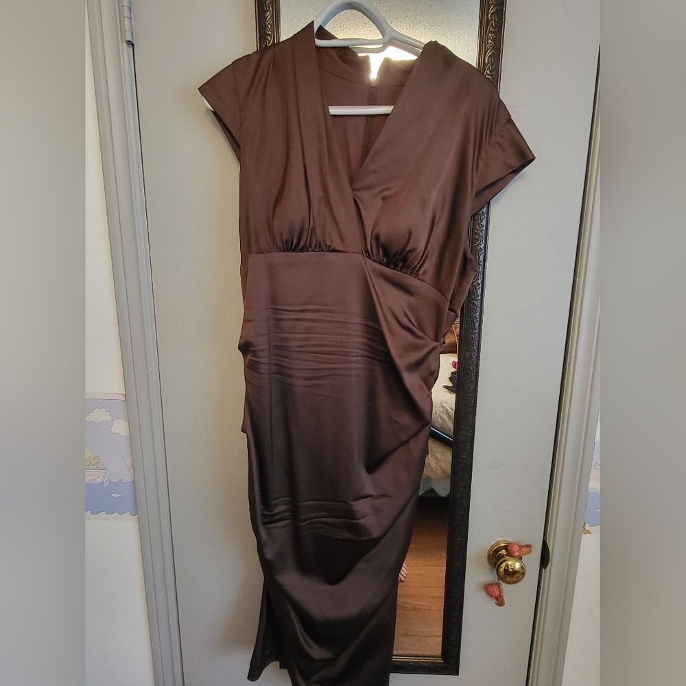 Brown Pleated Tie Front Sheath Dress